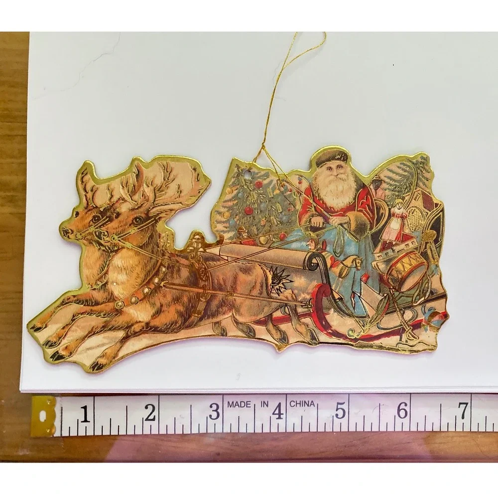 Vintage Style Die Cut‎ Cardboard Santa Claus Christmas Ornaments Gold Foil Set 2